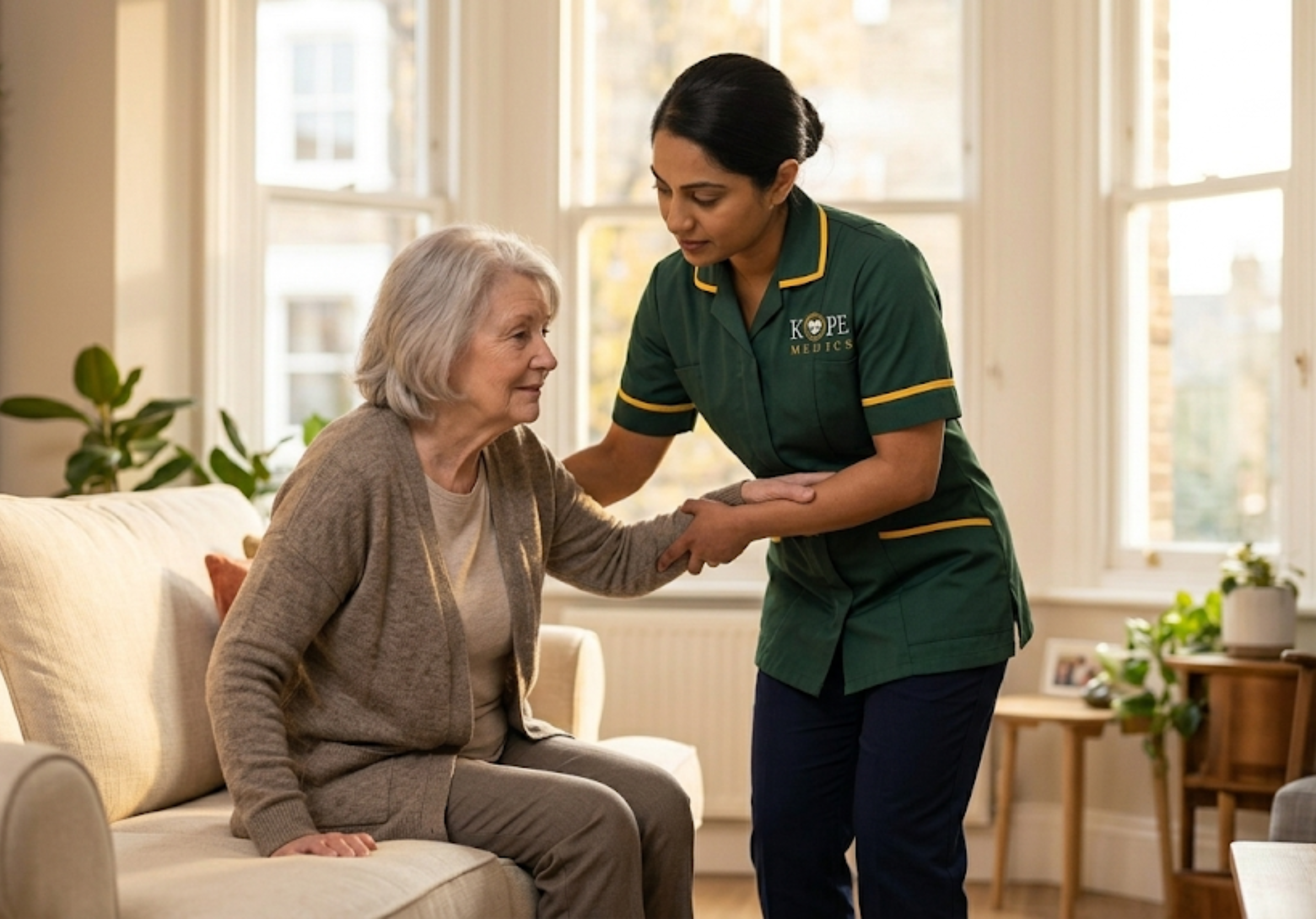 Kope-Medics carer providing professional home care and mobility support for an elderly woman in her London home
