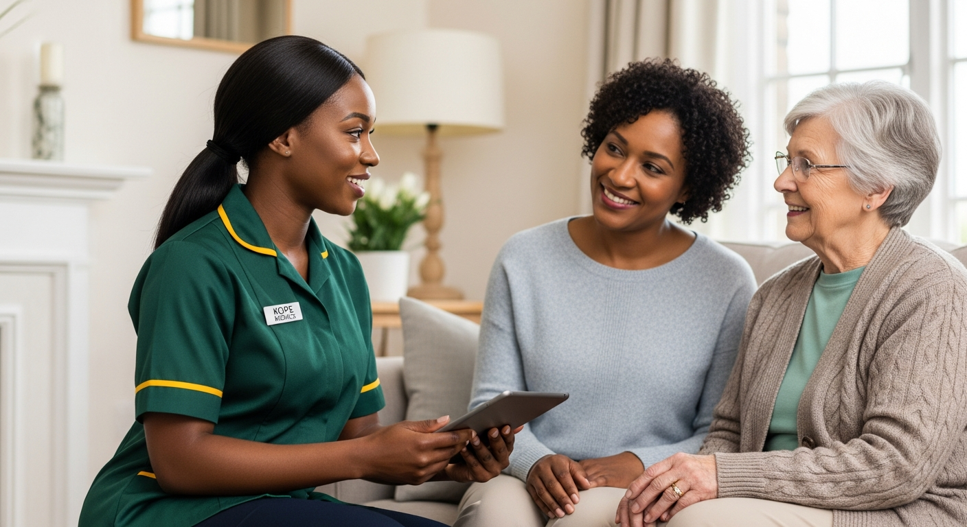 Kope-Medics care coordinator discussing care options with a family member at the London office, finding the right care service