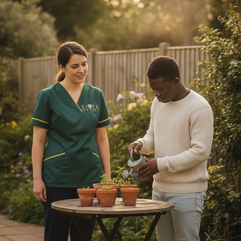 Kope-Medics learning disability support worker encouraging independence during a garden activity at a London home