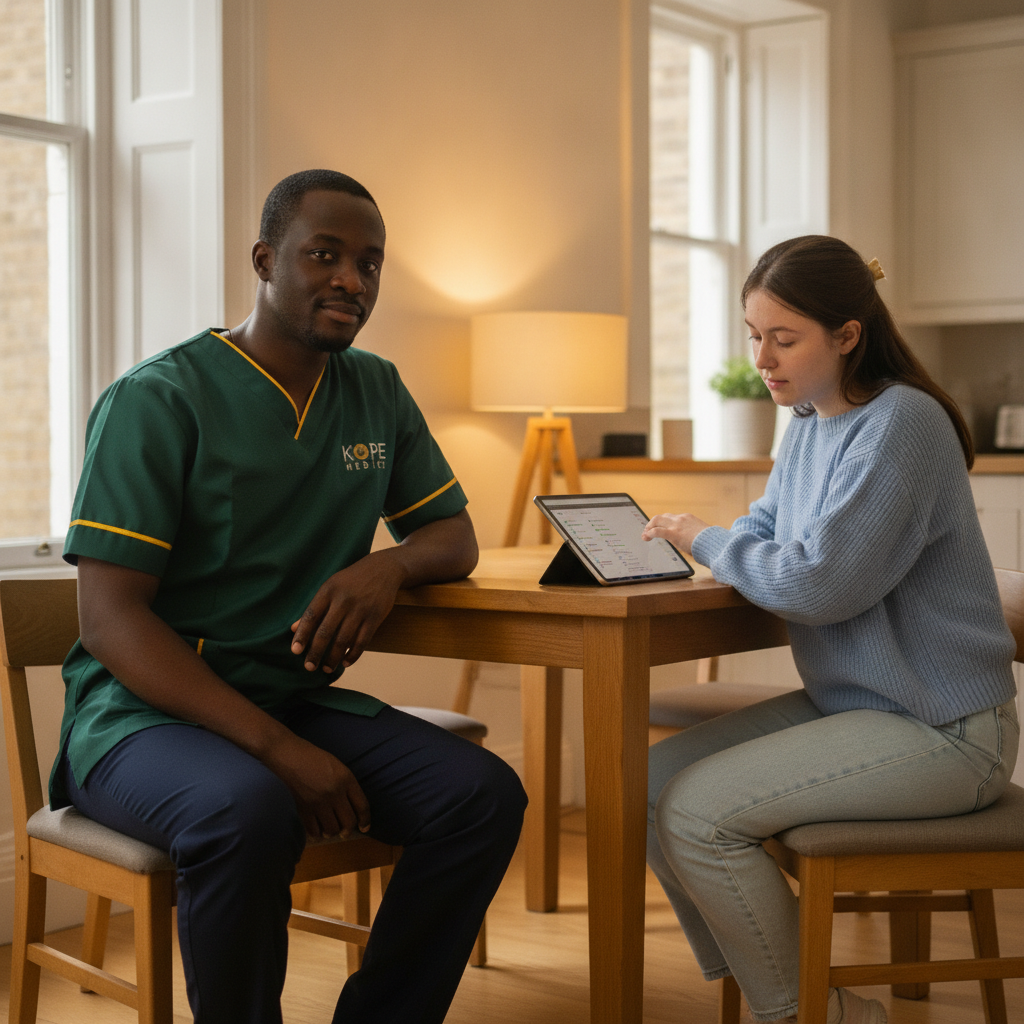 Kope-Medics support worker working with a young autistic woman using an AAC communication device at home in England