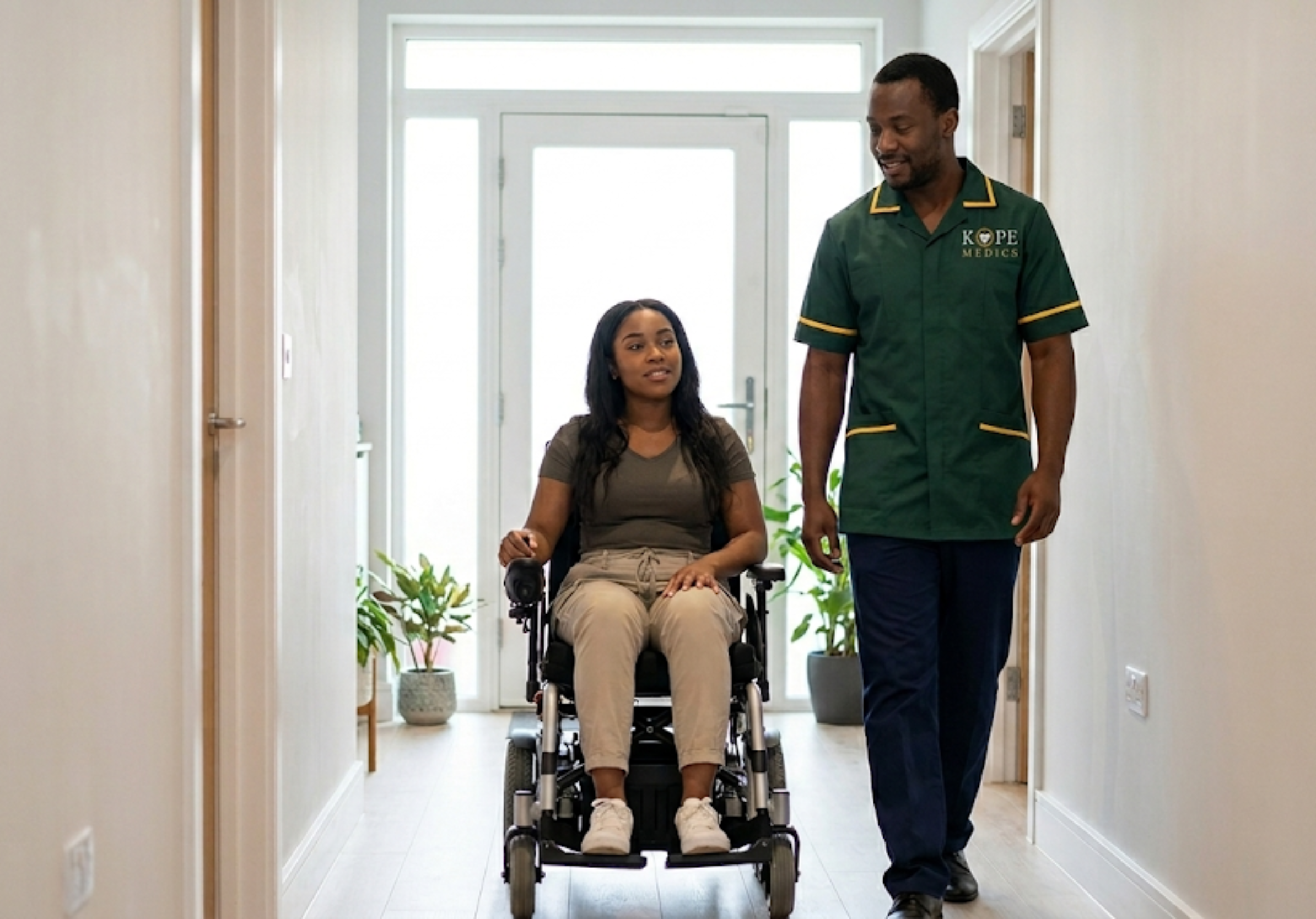 Kope-Medics physical disability specialist supporting a young woman using a powered wheelchair at home in London, promoting independence